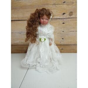 Vintage 90s Porcelain Doll White lace Dress Brown Curly Hair Tan 6 inches Tall